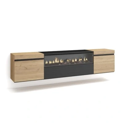 Abbildung von Skraut Home TV Schrank, Lowboard Für Wohnzimmer und Esszimmer 200x45x35cm Geräte bis zu 80&quot; Elektrokamin. Maße Hängend Moderner Stil Eiche Schwarz