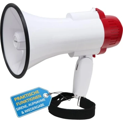 Abbildung von McGrey Megafon Megaphon Lautsprecher Sprachrohr, 10 Watt RMS bis zu 500m Reichweite, robuste Bauweise, (MP 100RS, Inkl. Tragegurt), Aufnahme/Wiedergabe Funktion und Sirene