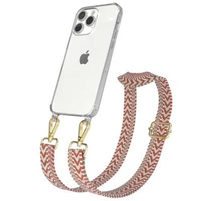 Abbildung von EAZY CASE Handykette mit verstellbarem Trageriemen für iPhone 15 Pro Max Taschengurt zum Wechseln transparenter Handyhülle Hülle dünner Schulterriemen in Blau Rot Gold