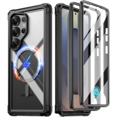Abbildung von POETIC Guardian MagPro Hülle für Galaxy S25 Ultra 5G, [Falltest aus 6 m] Eingebauter Displayschutz [Funktioniert mit Fingerabdruck ID] Stoßfestes, Robustes Rundum Case, Schwarz/Klar