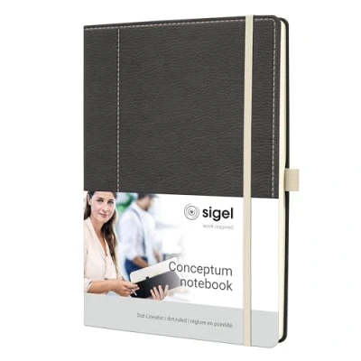 Abbildung von SIGEL CO696 Premium Notizbuch, Leder Look, dotted, ca. A4, grau, weiß, Hardcover, 194 nummerierte Seiten, nachhaltiges Papier, mit Inhaltsverzeichnis, Stiftschlaufe, Falttasche, Conceptum