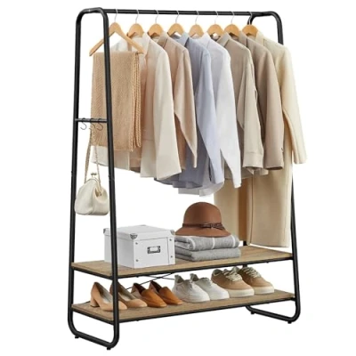 Abbildung von VASAGLE Kleiderständer, Garderobenständer, Garderobe, 2 Ablagen, 6 Haken in S Form, Stahlgestell, für Schlafzimmer, Flur, Eingangsbereich, türkisbraun Mattschwarz RGR112K01
