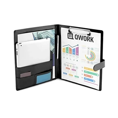 Abbildung von QWORK® A4 Dokumentenmappe Klemmbrett mit Deckel, Premium Schreibmappe Konferenzmappe Magnetverschluss, Halten Sie A5 Dokumente und Visitenkarten