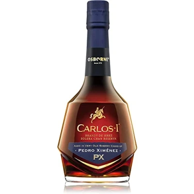 Abbildung von CARLOS I Brandy Pedro Ximénez aus Jerez Solera Gran Reserva. Hergestellt Trauben und gereift in ausgewählten Fässern von PX Viejo. Alkoholgehalt: 40,3%. Flasche: 70 cl.