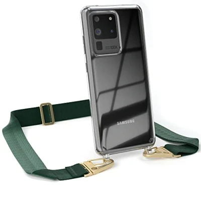 Abbildung von EAZY CASE Hülle mit Band kompatibel Samsung Galaxy S20 Ultra / 5G Handyhülle Umhängeband Silikonhülle Transparent Schutzhülle Handykette zum Umhängen Handykordel Smartphone in Grün Gold