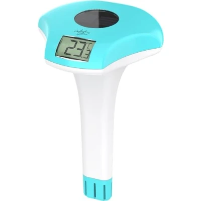 Abbildung von infactory Swimmingpool Thermometer: Digitales Solar Teich &amp; Poolthermometer, Akku, Solarpanel, LCD, IPX8 (Wasserthermometer mit Becken Thermometer)