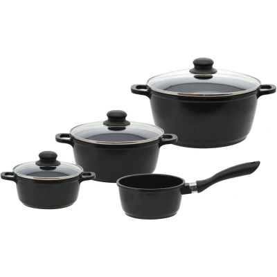 Abbildung von Elo Basic Topf Set &quot;Black Cast&quot;, Aluminiumguss, (Set, 10 tlg., je 1 Kochtopf 16/20/24 cm, Stielkasserolle 16 2 Pfannen 24 cm), Induktion