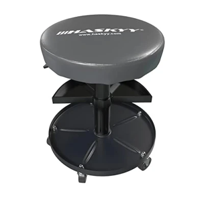 Abbildung von HASKYY Werkstatthocker Rollhocker Höhe 430 580mm I Sitz Geleinlage Werkstatt Arbeits Hocker Stuhl 135kg ø40 cm 2 Ablagen Grau