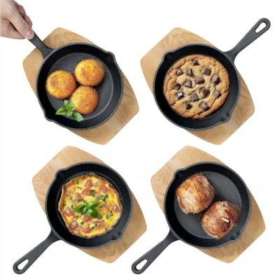 Abbildung von Navaris Bratpfanne 4x Gusseisenpfanne klein mit Holzstand Servierpfanne aus Gusseisen, (1 tlg)