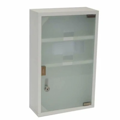 Abbildung von HS Lighting Medizinschrank Arzneischrank Edelstahl Erste Hilfe Schrank Medikamentenschrank abschließbar Hausapotheke mit Glas Tür und Schloss Tip on Automatik 45ⅹ30ⅹ12 cm (Weiß 3 Fächer)