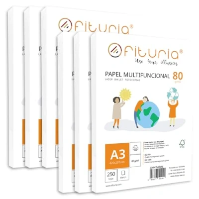 Abbildung von Packung mit 80 g A3 Blättern, 1500 Blatt, weißes Multifunktionspapier für Schule und Laborals, ideal Laserdrucker, Tintenstrahldrucker oder Kopierer Ofituria