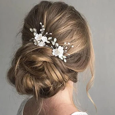 Abbildung von IYOU Braut Hochzeit Haarnadeln Silber funkelnde Kristall Perle Haarnadel Blume Haarschmuck für Frauen und Mädchen (2Stück)