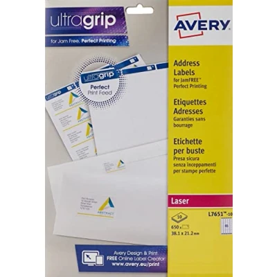 Abbildung von Avery Selbstklebende Adress Versand Etiketten, Laserdrucker, 38,1 x 21,2 mm, 65 Etiketten pro A4 Blatt, 650 UltraGrip (L7651), Weiß