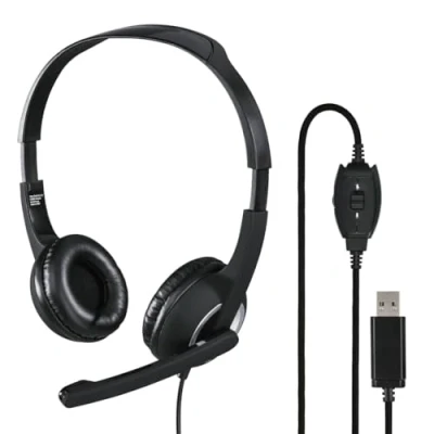 Abbildung von Hama USB Headset, On Ear Kopfhörer mit Mikrofon (Headset Lautstärkenregler und verstellbarem Mikrofonarm, für Videokonferenzen, Homeoffice, Callcenter, eLearning, A Stecker) schwarz
