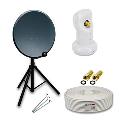 Abbildung von Premium X Camping Satelliten Komplettanlage 60cm Aluminium Satellitenschüssel SAT Single LNB 10m Kabel F Stecker Dreibein Stativ