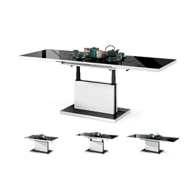 Abbildung von All4All Couchtisch Asti Kaffeetisch Wohnzimmertisch Höhenverstellbar mit Einlegeplatten Ausziehbar Sofatisch 120x70cm 05 Schwarz Hochglanz + Weiß schwarzer Heber