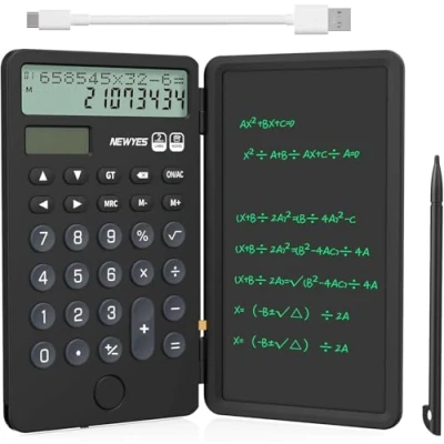 Abbildung von NEWYES Tragbarer Taschenrechner mit Notizblock, einfacher Schreibtablett, 12 Ziffern, großes Display, wiederaufladbar, solarbetrieben, Schreibtischrechner für Büro, Schule (schwarz)