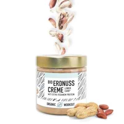 Abbildung von Bio ERDNUSSMUS mit ERBSEN PROTEIN UND REIS vegan lower carb ohne Zuckerzusatz Erythrit Erdnussbutter Creme, 3x190g Organic Workout
