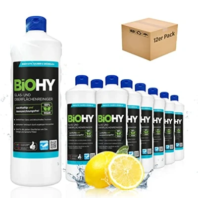 Abbildung von BiOHY Glas und Oberflächenreiniger (12 x 1 Liter) Glasreiniger Konzentrat für streifenfreien Glanz ergiebiger &amp; Kunststoffreiniger Fettlöser Kalkreiniger ideal Fenster Küche