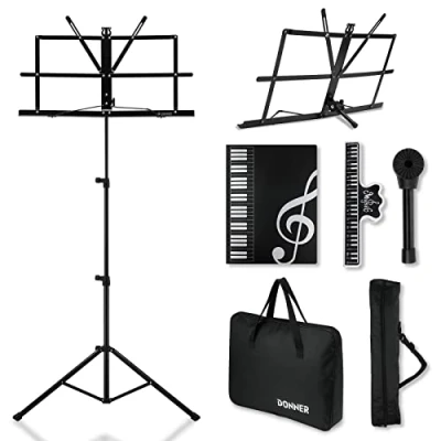 Abbildung von Donner Notenständer 2 in 1 Dual Use Tisch Bücherständer DMS Tragbarer zusammenklappbarer leichter Ständer Notenhalter für Gitarre, Ukulele, Violine Schwarz mit Tasche
