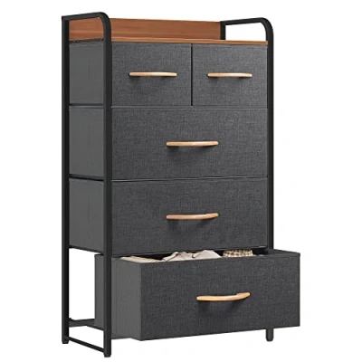 Abbildung von YITAHOME kommode mit Schubladen, Schrank 5 Schubladen aus Stoff, Aufbewahrungskommode Industrial Stil für Schlafzimmer, Wohnzimmer, Kinderzimmer, Flur, Dunkelgrau Aufbewahrungsschrank