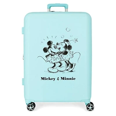 Abbildung von Disney Mickey &amp; Minnie Kisses Mittelgroßer türkisfarbener Koffer, 48 x 70 26 cm, starres ABS, integrierter TSA Verschluss, 88 l, 3,98 kg, 4 Doppelrollen