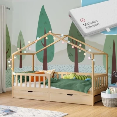 Abbildung von Bellabino Bia Kinderbett 90x200 cm Hausbett mit Matratze, Rausfallschutz, Lattenrost &amp; 2 Schubladen Montessori Kinder Bett aus Massivholz Kiefer für Jungen und Mädchen Stauraum in Natur