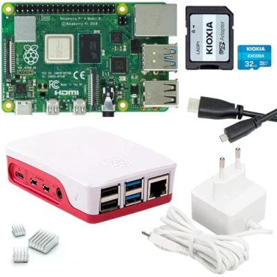 Abbildung von Raspberry Pi 4 4GB Starter Set 32GB SD Karte USB C Netzteil Gehäuse 4K Micro HDMI Kabel 3 Kühlkörper Model B RAM