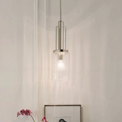 Abbildung von Elstead Lighting QN Kimrose MP PN QUINTIESSE Hängeleuchte E27 1x40W Stahl, Nickel poliert; Glas klar, geriffelt H:59.3cm Ø17.8cm dimmbar