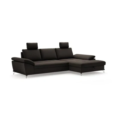 Abbildung von Cavadore Ecksofa Castiel mit Federkern / Eckcouch großem Longchair, Sitztiefenverstellung, Kopfstützen und mattschwarzen Metallfüßen 301 x 89 114 176 Echtleder, Dunkelbraun