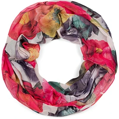 Abbildung von styleBREAKER Damen Loop Schal mit buntem Blumen Muster, leichter sommerlicher Schlauchschal mehrfarbig 01016217, Farbe:Rot Grün