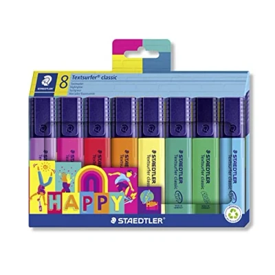 Abbildung von STAEDTLER Textmarker Textsurfer classic, Happy colours, großer Tintenspeicher, lange Markierleistung und Lebensdauer, sekundenschnell trocken, 1 5mm Spitze, 8 in Kartonetui, 364 C8 HA