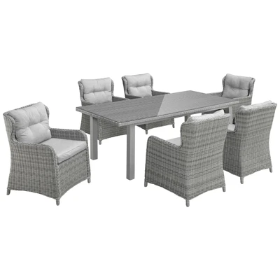 Abbildung von KONIFERA Garten Essgruppe &quot;Seattle&quot;, (Set, 19 tlg., 6x Sessel, 1xTisch 170x90 cm, inkl. Auflagen, Polyrattan, Aluminium), Tischbeine aus Kieferholz, Tischplatte 5mm starkem Sicherheitsglas