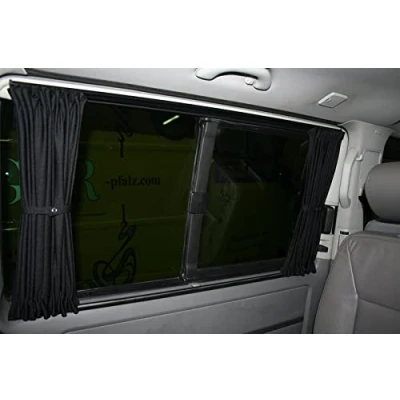 Abbildung von BREMER SITZBEZÜGE Maß Gardinen Vorhänge Sonnenschutz kompatibel mit VW T5 T6 T6.1 Caravelle Langer Radstand Heckklappe in Schwarz Camping Zubehör Wohnmobil Camper Set 713