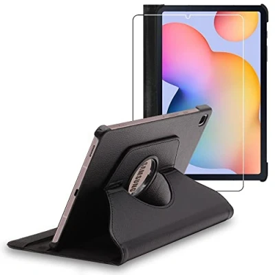 Abbildung von ebestStar Hülle für Samsung Galaxy Tab S6 Lite 10.4 P610, P615 (2022, 2020), Drehbar Schutzhülle, PU Lederhülle, Rotierende Ständer Etui, Rotating Case Cover, Schwarz + Panzer Schutz Glas