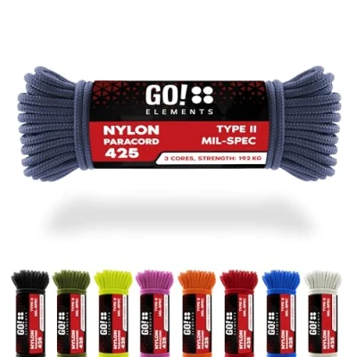 Abbildung von GO!elements 15m Paracord Seil aus reißfestem Nylon 3mm 425 Typ II max. 192kg Schnüre als Outdoor Seil, Allzweckseil, Survival Armband, Hundeleine, Nylonschnur, Farbe: Grau Blau