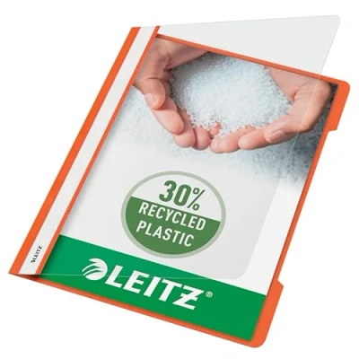 Abbildung von Leitz A4 Standard Schnellhefter, 25er Pack, 30% Pre Consumer Recycling Kunststoff, Hefter für Blätter, 60 Blatt Kapazität, Ideal als Dokumententasche Schule oder Büro, Orange, 41910045
