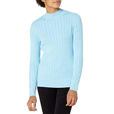Abbildung von Amazon Essentials Damen Leichter Langarm Pullover mit Stehkragen und Zopfmuster in klassischer Passform, Himmelblau, XXL