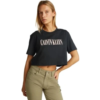 Abbildung von Calvin Klein Damen T Shirt Kurzarm Varsity Boxy Tee Cropped, Schwarz (Ck Black), L
