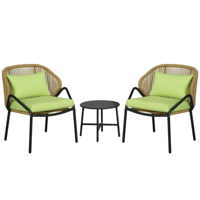 Abbildung von Outsunny Gartenlounge Set Rattan Gartenmöbel mit 2 Gartenstühlen, Beistelltisch, (Gartengarnitur, 3 tlg., Sitzgruppe), für Balkon, Terrasse, Stahl, Grün