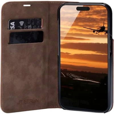 Abbildung von JT Berlin Bookcase Tegel Echtleder Hülle kompatibel mit Apple iPhone 16 Pro (Premium Flip Case, Standfunktion, EC Kartenfächer, Magnetverschluss) cognac