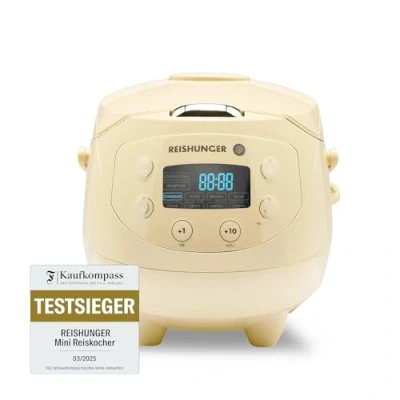 Abbildung von Reishunger Reiskocher Digitaler Mini Reiskocher, 350 W, Dämpfeinsatz, Messbecher, Reislöffel, Timer und Warmhaltefunktion