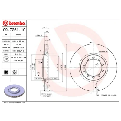 Abbildung von BREMBO 09.7261.10 Bremsscheibe 290 26 10 innenbelüftet hochgekohlt RENAULT: Master Pro Kastenwagen, Pritsche / Fahrgestell