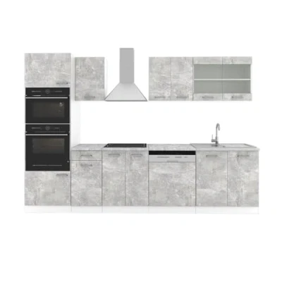 Abbildung von Vicco Küchenzeile R Line, Beton/Weiß, 300 cm mit Hochschrank, AP Marmor