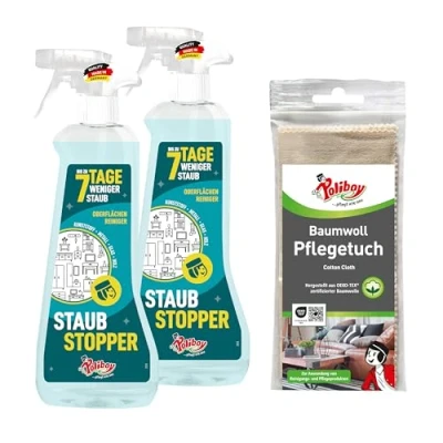 Abbildung von poliboy 2xStaubstopper 500ml + Baumwoll Pflegetuch Reinigungsspray (bis zu 7 Tage ohne Staub für Möbel aller Art Made in Germany)