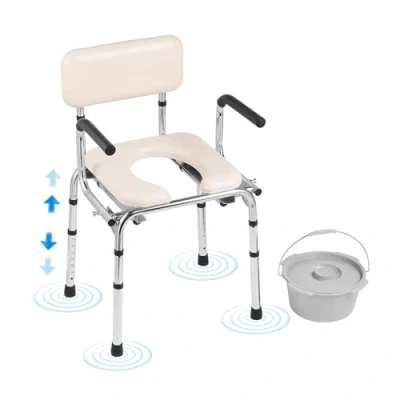 Abbildung von VEVOR Toilettenstuhl, Nachtstuhl mit Gepolstertem Sitz, Herunterklappbaren Armlehnen, 7 stufig Höhenverstellbar 490 640 mm, Abnehmbarer Eimer, 158,8 kg Belastbar, Tragbare Toilette für Erwachsene