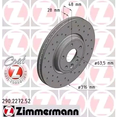 Abbildung von ZIMMERMANN SPORT COAT Z 290.2272.52 Bremsscheibe 316 28 6/5 5 108 innenbelüftet, gelocht beschichtet hochgekohlt JAGUAR: