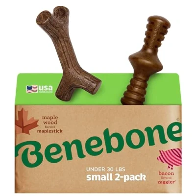 Abbildung von Benebone 2 Pack Indestructible Maplestick/Zaggler for Aggressive Chewers, Long Lasting Tough Boredom Breaker Dogs, Real Bacon and Maple Wood Flavour, Small Made in The USA.