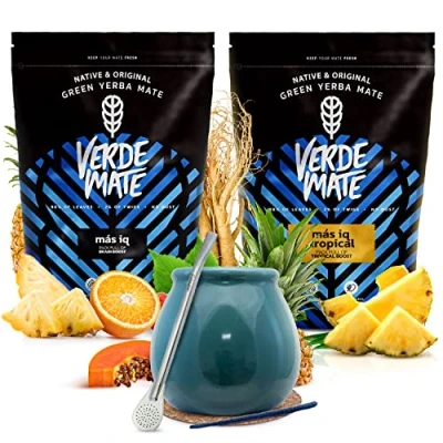 Abbildung von Set anregender Mate Tee mit Zubehör Zweierpack Verde Green Guarana, Ginseng, Ginkgo biloba Grüner aus Brasilien Mild Natürliches Koffein 2x500g 1kg
