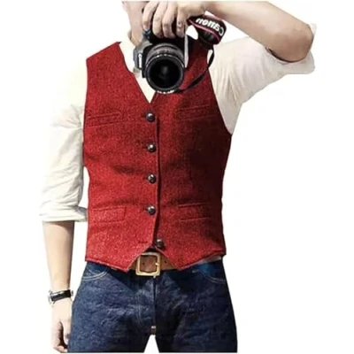 Abbildung von Solovedress Herren Casual Wolle Fischgrätmuster Anzug Weste V Ausschnitt Tweed für Hochzeit Groomsmen（Rot，XS